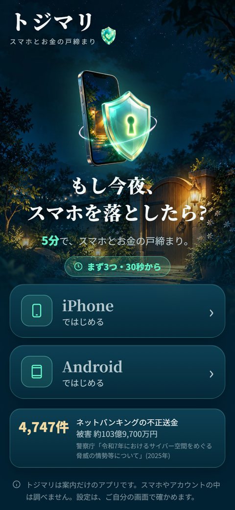 最初の画面「もし今夜、スマホを落としたら?」